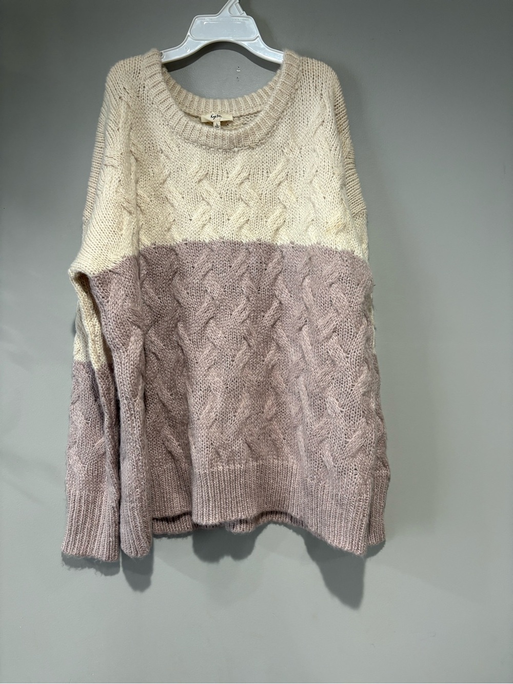 Kye Mi Colorblock Cable Knit Pullover Sweater Mauve Cream Cozy Size L